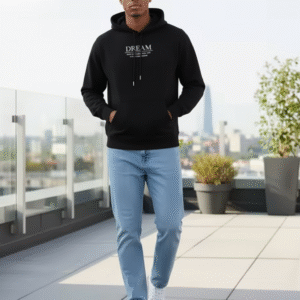 vasa drop shoulder black print hoodie with pockets